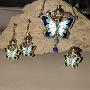 Perfume Butterfly Statement Jewelry Set Necklace Earring Ring Enamel Detailing